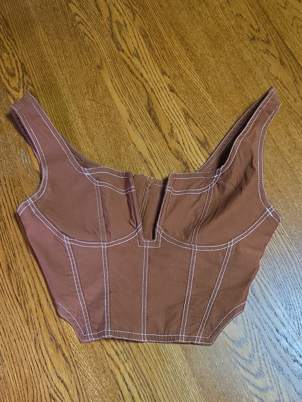 Brown Contrast-Stitch Crop Bustier Top